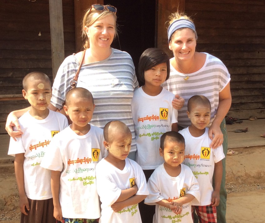 St Dominic’s Innaloo Year 3 teacher Liz Lofthouse (centre left) with Year 4 Support and Music teacher Mags James (right), with students from Metta Geha Orphanage, Myanmar. 