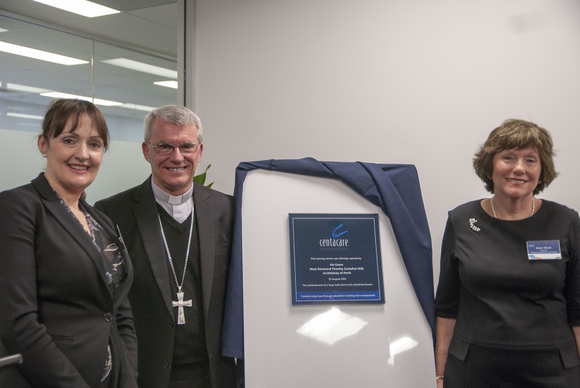 Archbishop Timothy Costello, centre, with Centacare Employment & Training Executive Director, Lee-Anne Phillips, left and Board Chairperson, Gwen Wood, at the opening of the new city-based training centre on Tuesday, 25 August.